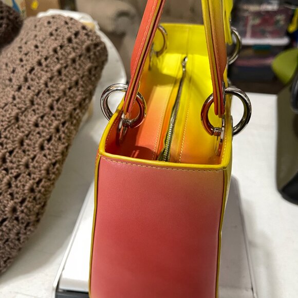 2014 CHRISTIAN DIOR BOX CALFSKIN GRADIENT MEDIUM LADY DIOR YELLOW ORANGE W/STRAP - Picture 4 of 15